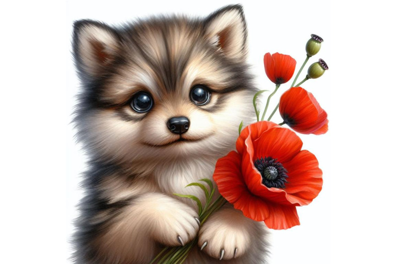 4-cute-wolf-holding-a-red-poppy