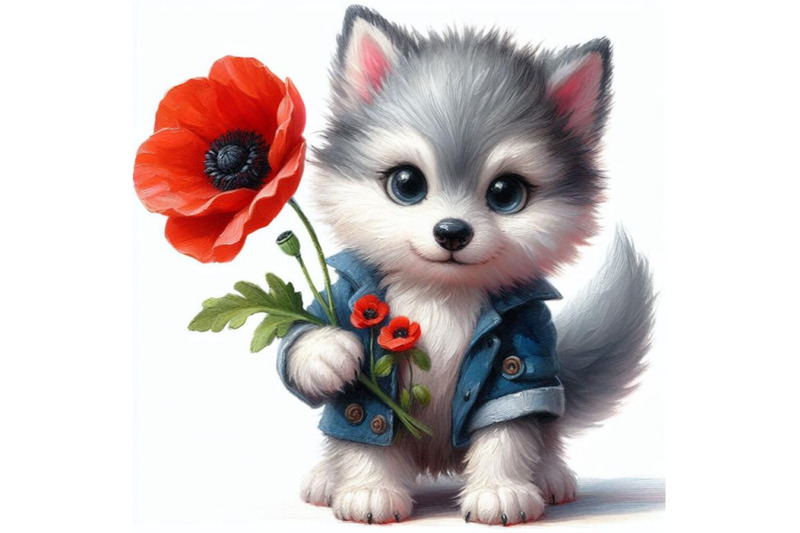 4-cute-wolf-holding-a-red-poppy