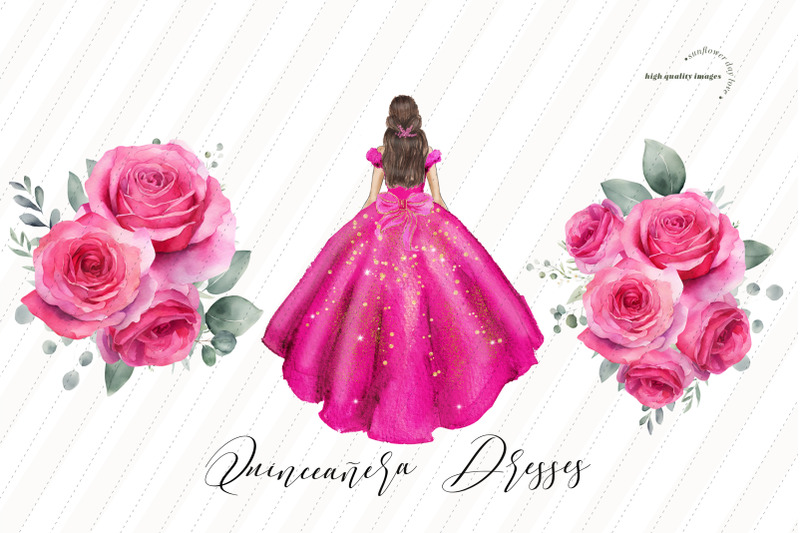 fuchsia-pink-princess-dresses-quinceaera-pink-flowers-clipart