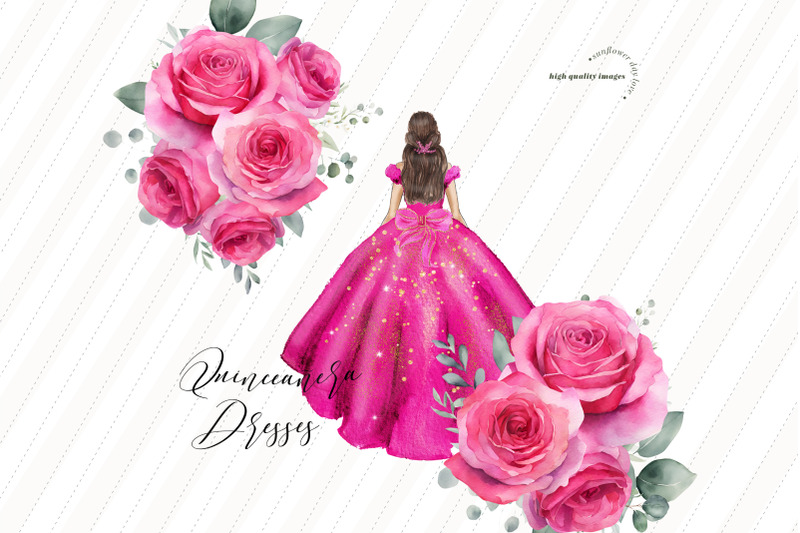 fuchsia-pink-princess-dresses-quinceaera-pink-flowers-clipart