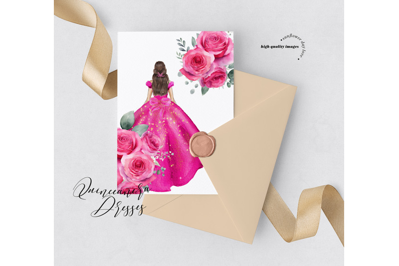 fuchsia-pink-princess-dresses-quinceaera-pink-flowers-clipart