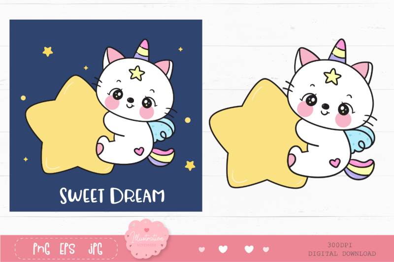 cat-unicorn-hug-star-kawaii-clipart-baby-kitten-sweet-dream