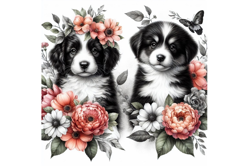 a-bundle-of-wo-puppies-and-beautiful-flowers