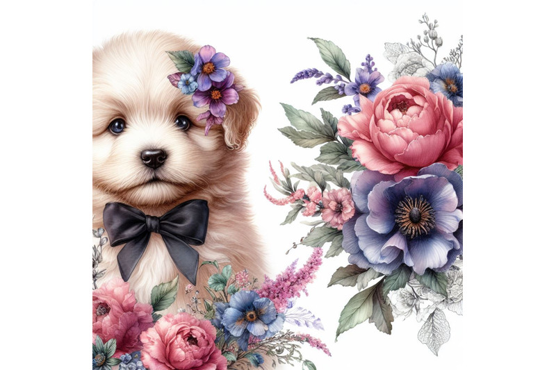 a-bundle-of-wo-puppies-and-beautiful-flowers