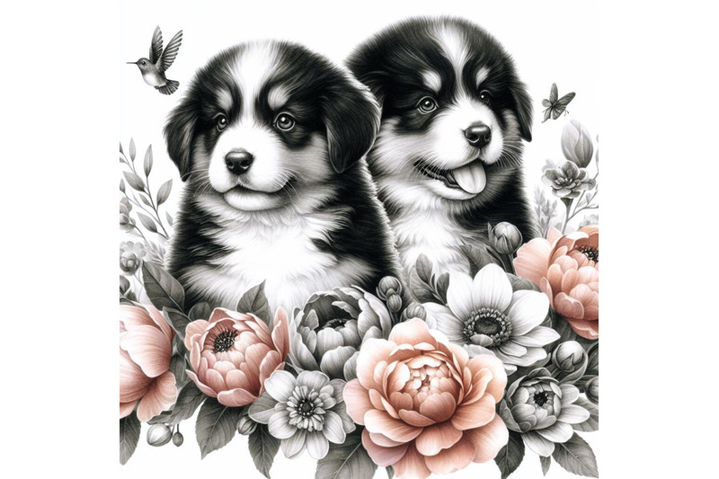 a-bundle-of-wo-puppies-and-beautiful-flowers