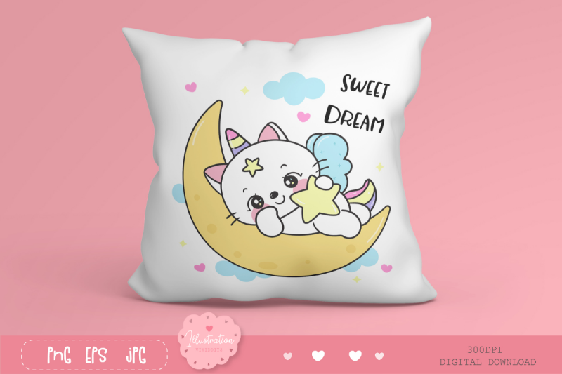 cat-unicorn-sleep-on-moon-kawaii-clipart-baby-animals-kitten