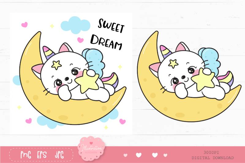 cat-unicorn-sleep-on-moon-kawaii-clipart-baby-animals-kitten