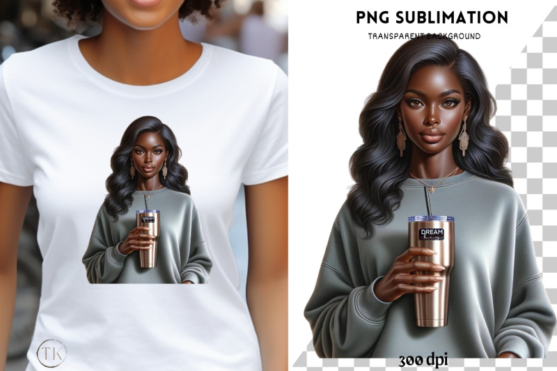 melanin-woman-with-tumbler-black-girl-png-sublimation-design