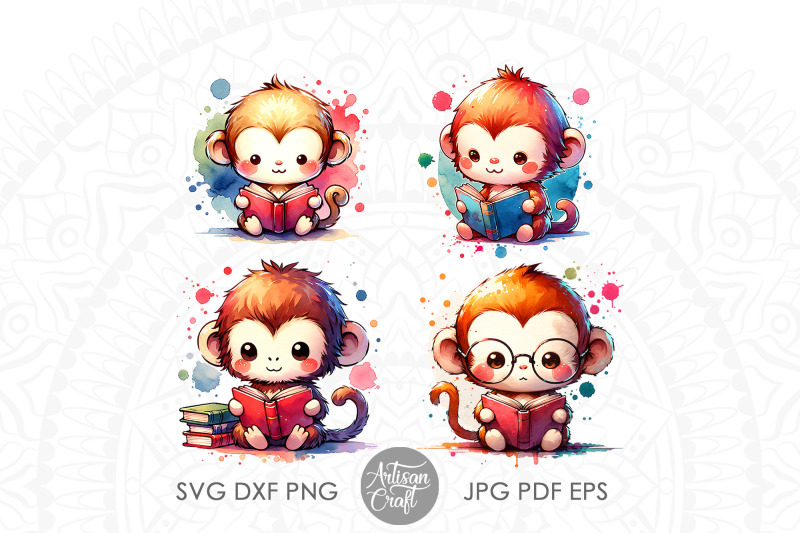 cute-monkey-reading-book-watercolor-clipart-bundle