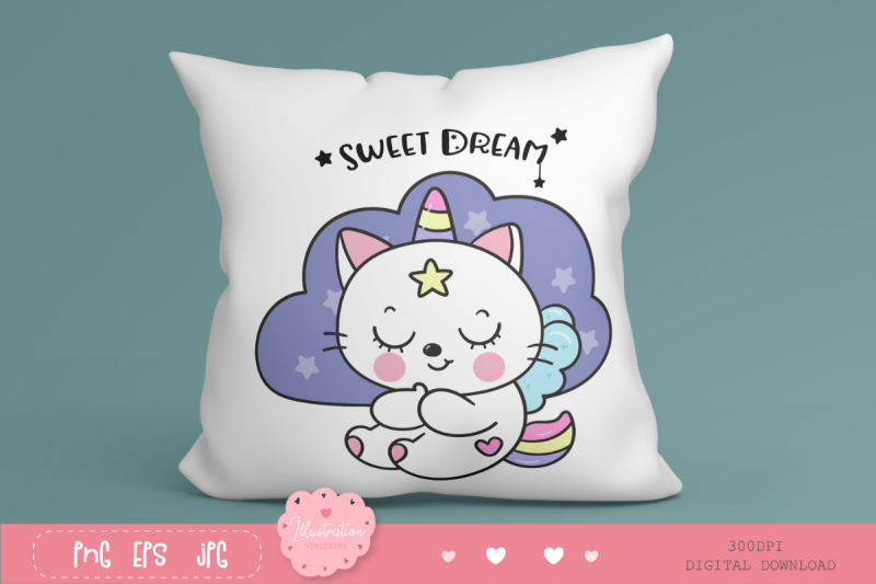 cat-unicorn-sleep-on-cloud-pillow-kawaii-clipart-kitten-baby