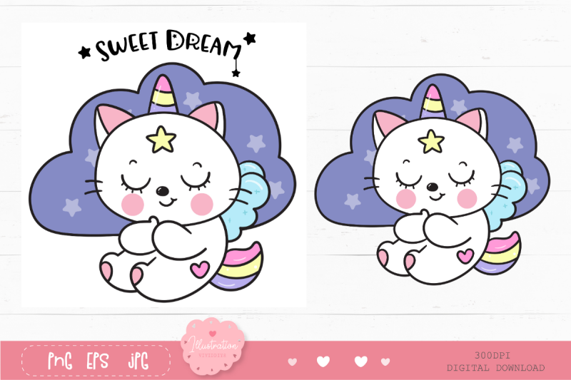 cat-unicorn-sleep-on-cloud-pillow-kawaii-clipart-kitten-baby