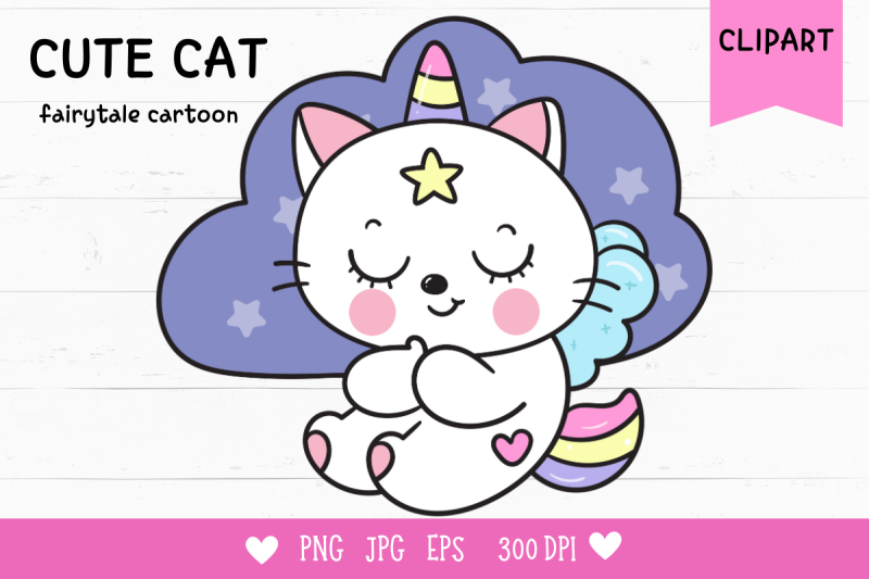 cat-unicorn-sleep-on-cloud-pillow-kawaii-clipart-kitten-baby