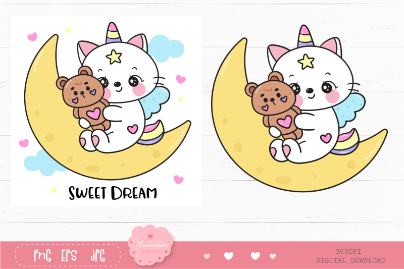 cat-unicorn-hug-teddy-bear-on-moon-kawaii-cliparts-baby