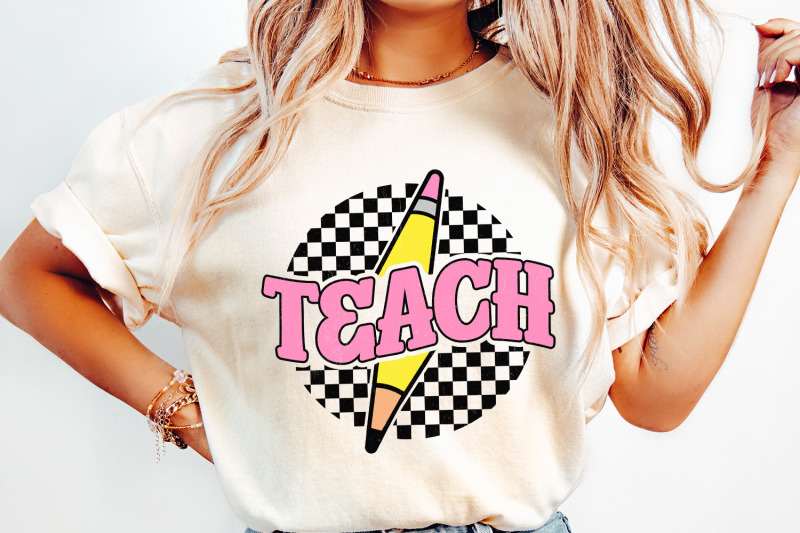 checkered-teach-png-retro-teacher-shirt-sublimation-design-pencil-teacher-lightning-bolt-teach-instant-download-teacher-gift