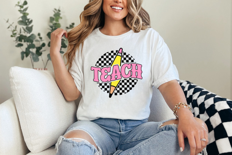 checkered-teach-png-retro-teacher-shirt-sublimation-design-pencil-teacher-lightning-bolt-teach-instant-download-teacher-gift