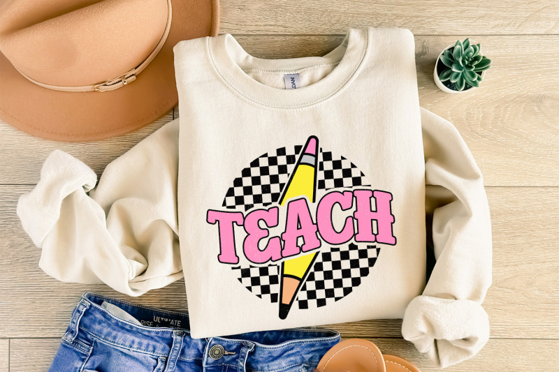 checkered-teach-png-retro-teacher-shirt-sublimation-design-pencil-teacher-lightning-bolt-teach-instant-download-teacher-gift