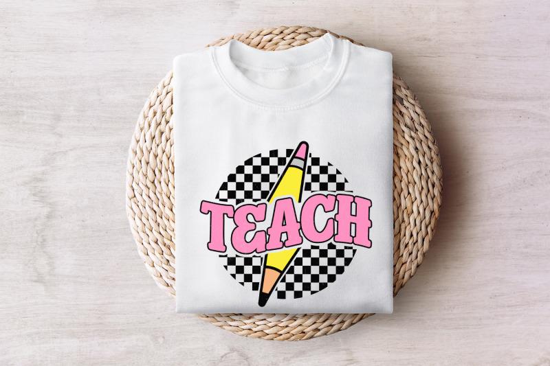 checkered-teach-png-retro-teacher-shirt-sublimation-design-pencil-teacher-lightning-bolt-teach-instant-download-teacher-gift