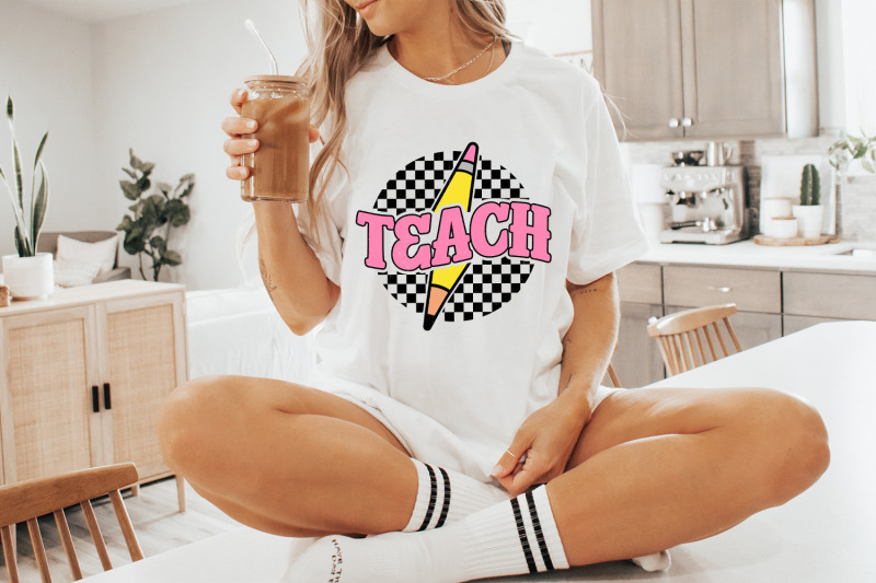 checkered-teach-png-retro-teacher-shirt-sublimation-design-pencil-teacher-lightning-bolt-teach-instant-download-teacher-gift