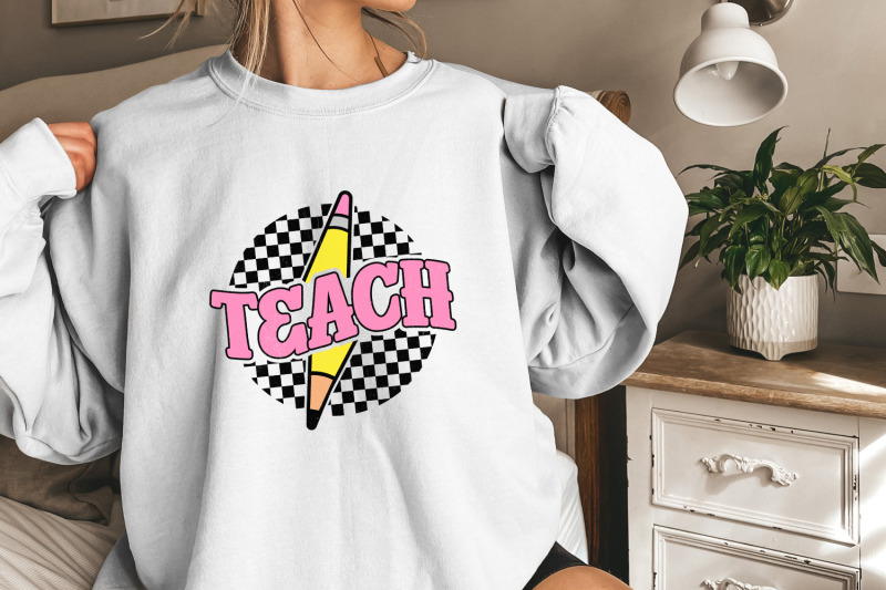 checkered-teach-png-retro-teacher-shirt-sublimation-design-pencil-teacher-lightning-bolt-teach-instant-download-teacher-gift