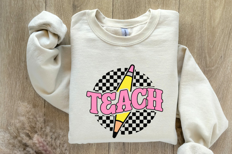 checkered-teach-png-retro-teacher-shirt-sublimation-design-pencil-teacher-lightning-bolt-teach-instant-download-teacher-gift