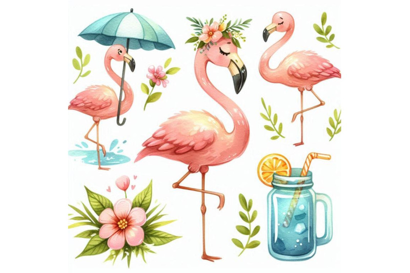 a-bundle-of-cartoon-flat-cute-flamingo-birds