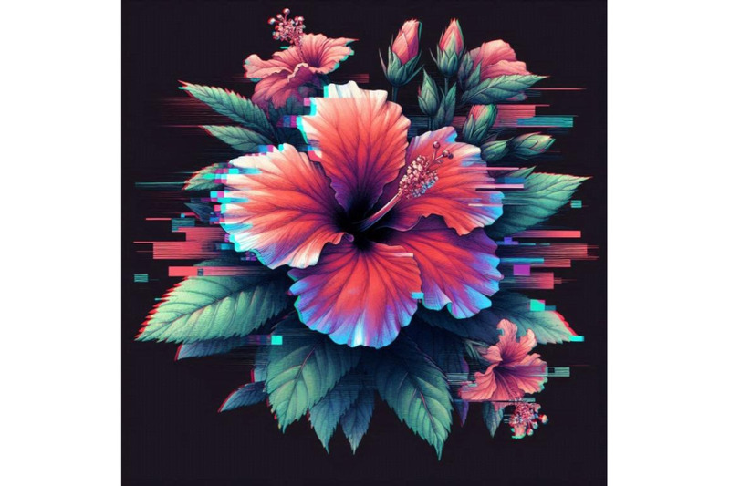 a-bundle-of-hibiscus-in-glitch-art-style-on-dar