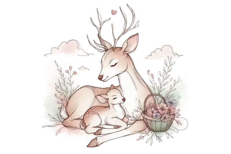 mother-and-baby-deer-watercolor-love-family