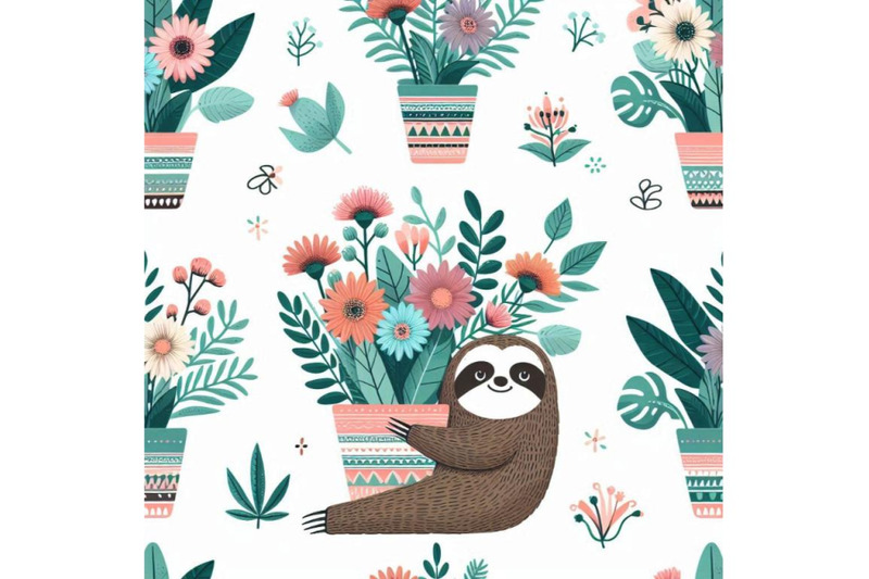 a-bundle-of-cute-sloth-with-a-pot-of-flowers