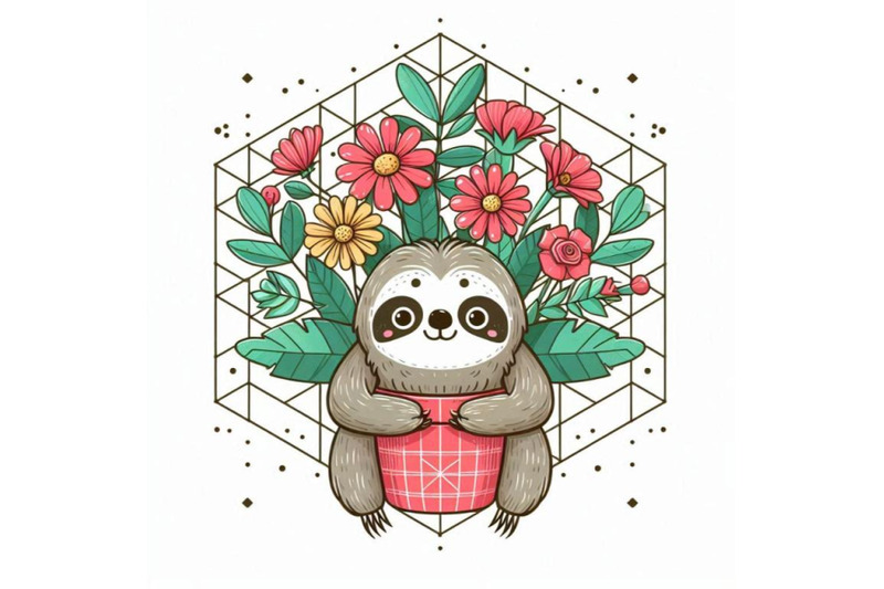 a-bundle-of-cute-sloth-with-a-pot-of-flowers