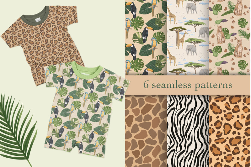 safari-jungle-animals-clipart-tropical-leaves-illustrations