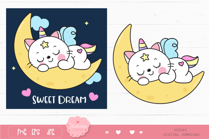 cute-cat-unicorn-sleep-on-moon-kawaii-cliparts-baby-kitten