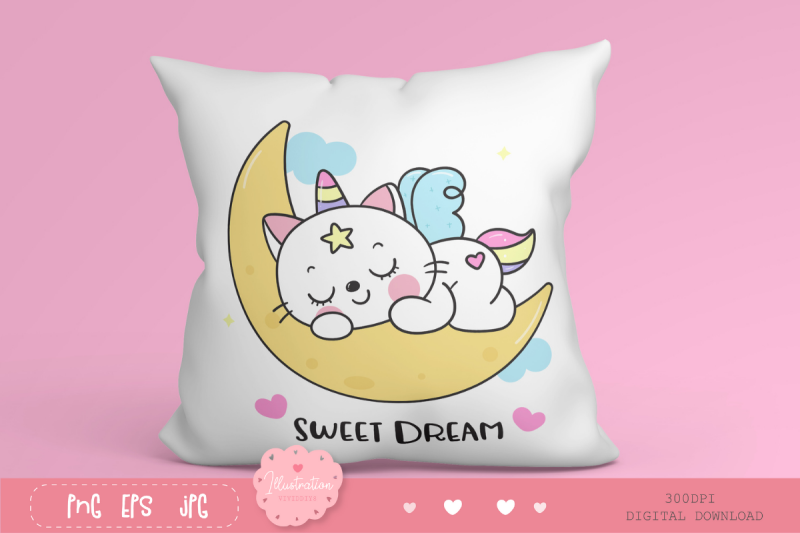 cute-cat-unicorn-sleep-on-moon-kawaii-cliparts-baby-kitten