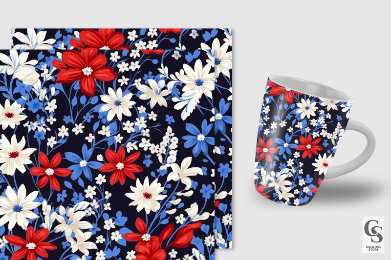 patriotic-red-blue-flowers-seamless-patterns