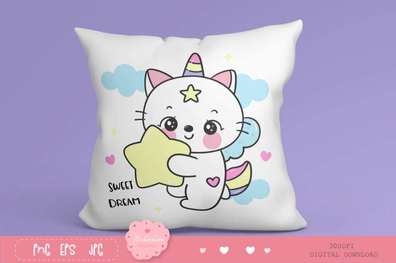 cute-cat-unicorn-hug-star-kawaii-clipart-baby-animal-bedtime