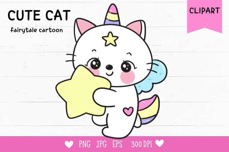 cute-cat-unicorn-hug-star-kawaii-clipart-baby-animal-bedtime