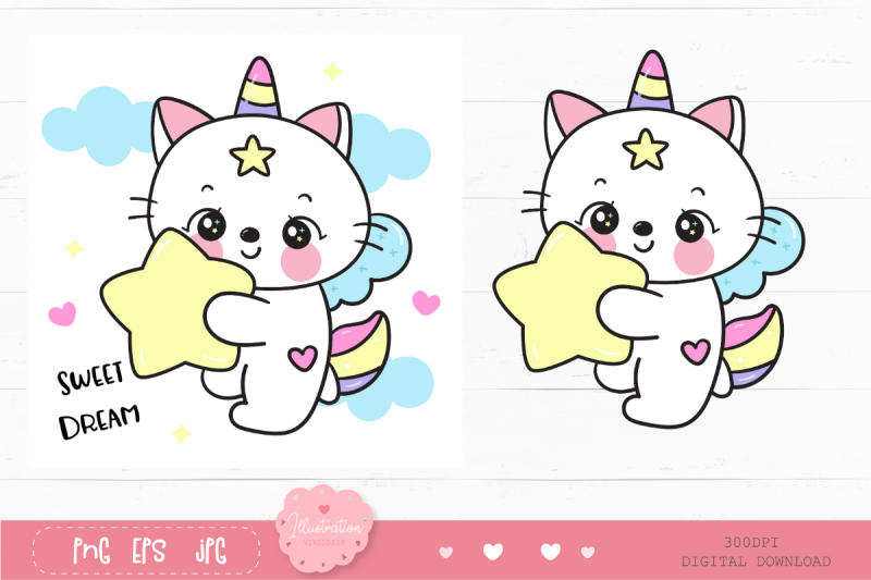 cute-cat-unicorn-hug-star-kawaii-clipart-baby-animal-bedtime