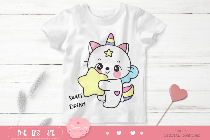 cute-cat-unicorn-hug-star-kawaii-clipart-baby-animal-bedtime