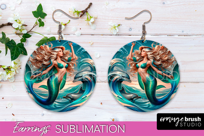 mermaid-earrings-png-summer-round-earrings-sublimation