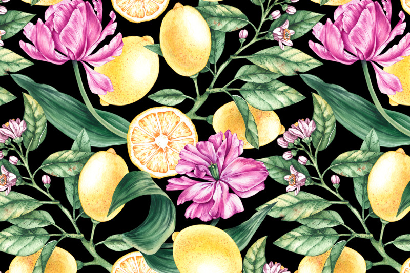 watercolor-lemon-and-tulip-pattern