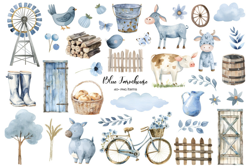 watercolor-blue-farmhouse-elements-clipart-blue-village-life-elements