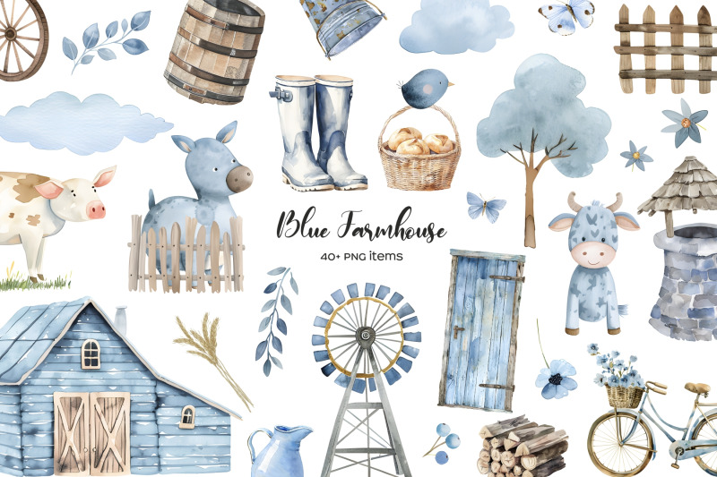 watercolor-blue-farmhouse-elements-clipart-blue-village-life-elements