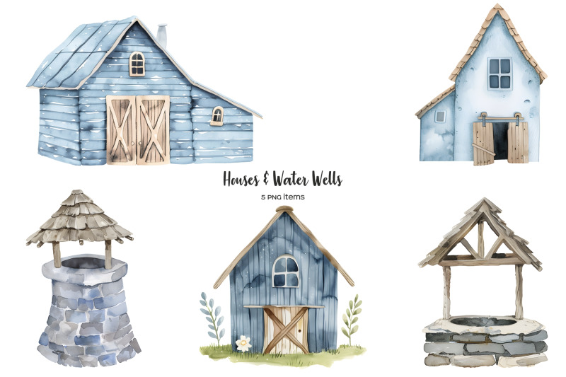 watercolor-blue-farmhouse-elements-clipart-blue-village-life-elements