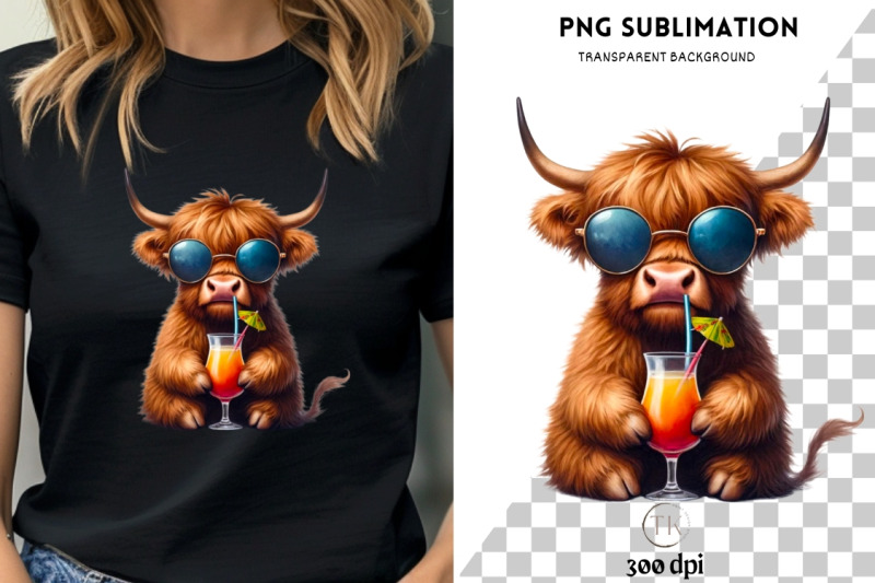 highland-cow-beach-vacation-summer-png-sublimation-print