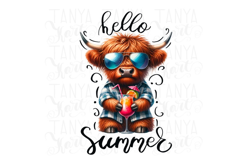 hello-summer-highland-cow-art-tshirt-design-sublimation-png