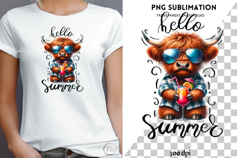 hello-summer-highland-cow-art-tshirt-design-sublimation-png