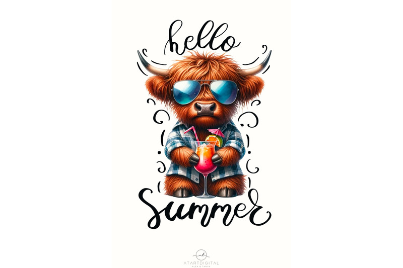 hello-summer-highland-cow-art-tshirt-design-sublimation-png