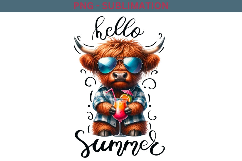 hello-summer-highland-cow-art-tshirt-design-sublimation-png