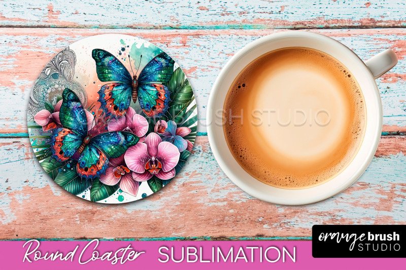 butterfly-round-coaster-sublimation-butterfly-coaster-png