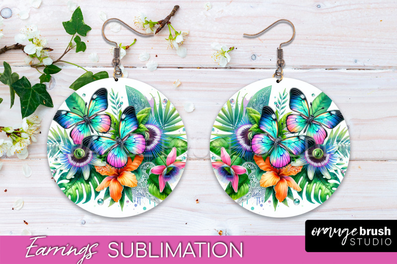 butterfly-earrings-sublimation-flower-round-earrings