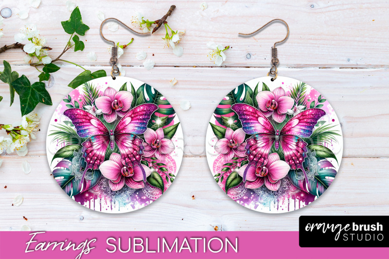 butterfly-earrings-sublimation-flower-round-earrings